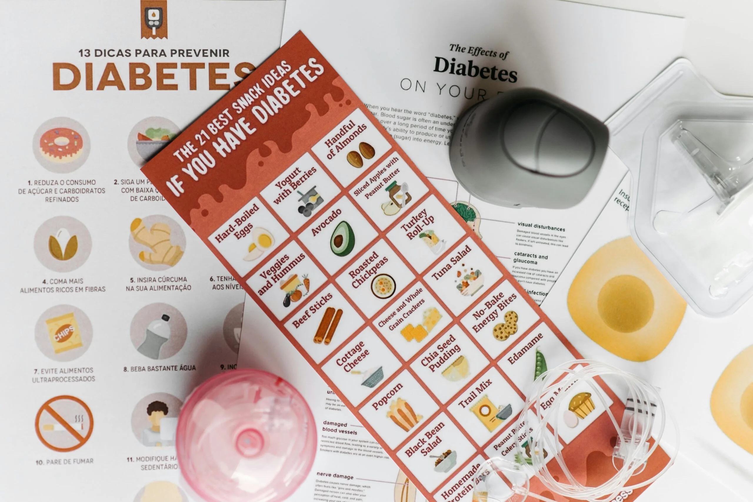 Pamphlets featuring healthy snack choices and diabetes prevention tips.
